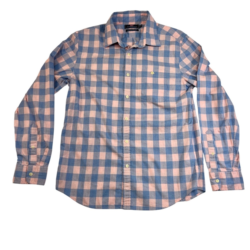 Vineyard Vines Mens Slim Longshore Shirt Pink‎ Blue Checkered Button Down